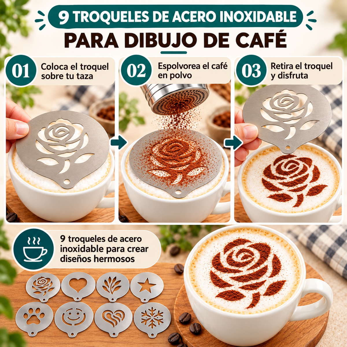 ☕ 9 troqueles de acero inoxidable para dibujo de café