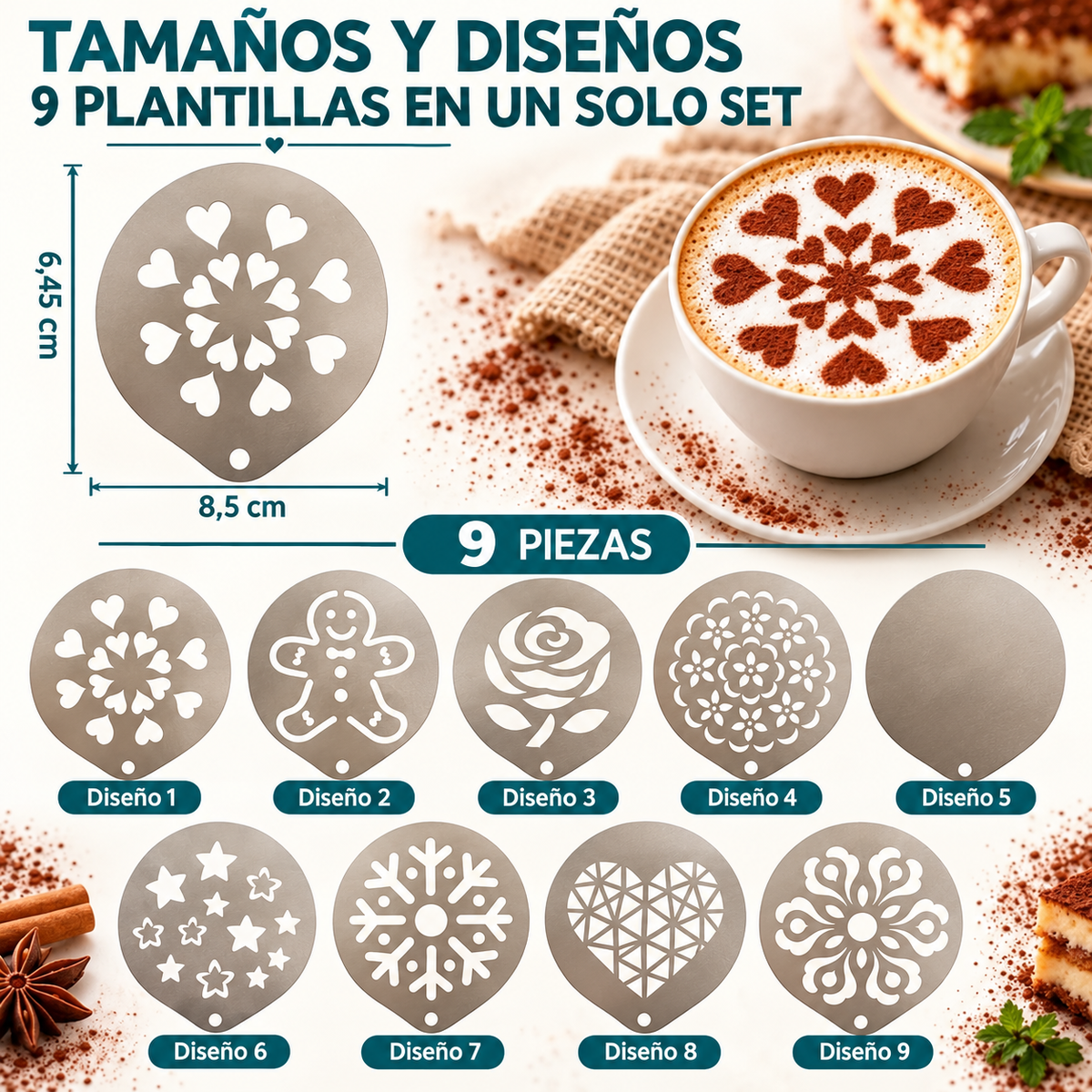 ☕ 9 troqueles de acero inoxidable para dibujo de café